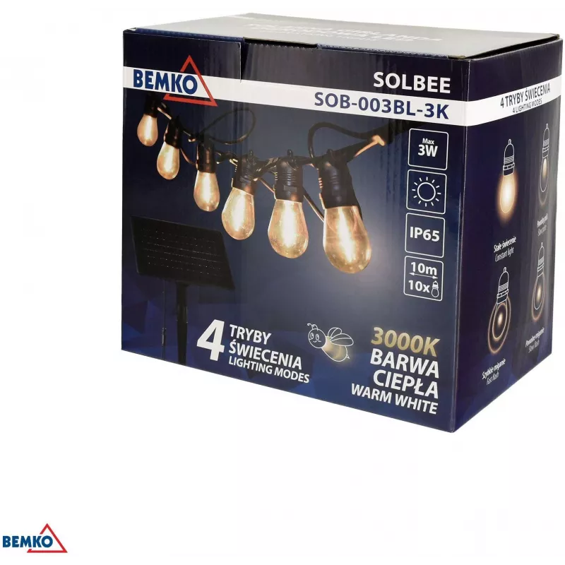 Fio de luzes LED solar para jardim BEMKO SOLBEE 10 LEDs 10m branco quente 3000K IP65 preto