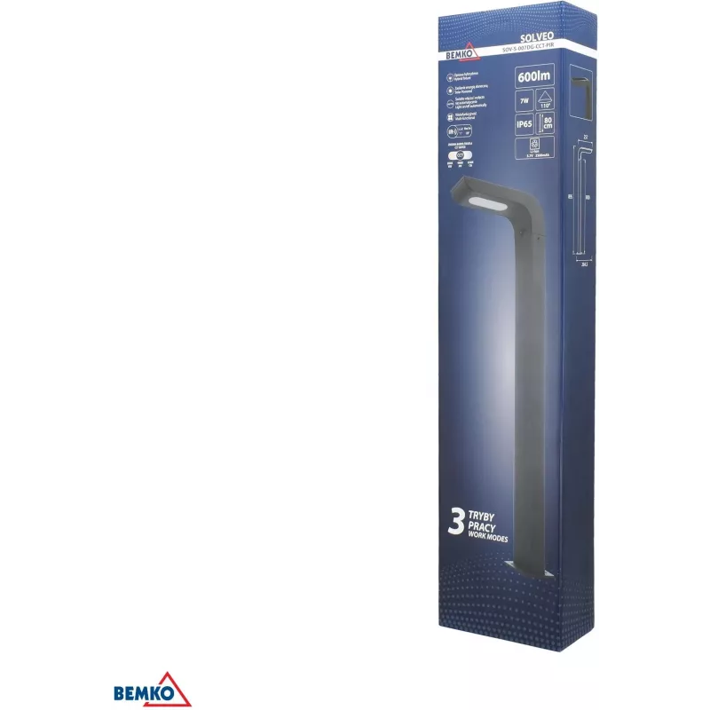 Candeeiro de jardim tipo balizador LED híbrido BEMKO SOLVEO, 7W, 600lm, CCT 3000K/4000K/6500K, 80cm, IP65, Cinzento-escuro, sensor PIR