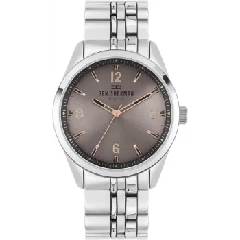 Relógio analógico de quartzo de homem BEN SHERMAN WB057ESM 43mm aço inoxidável mostrador azul bracelete de malha prateada
