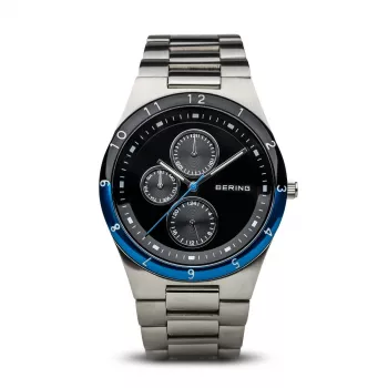BERING relógio de homem de quartzo Classic Minimalist 39mm caixa de titânio mostrador azul bracelete de malha milanesa de aço inoxidável cinzenta 32339-702