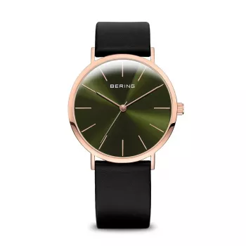 Bering relógio de quartzo homem Classic 36mm aço inoxidável ouro rosa mostrador azul pulseira milanesa 13436-469