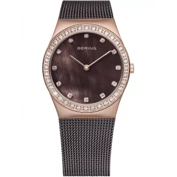 BERING Relógio de mulher Classic quartzo analógico 26 mm aço inoxidável ouro rosa e castanho