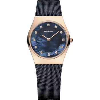 BERING relógio de quartzo Classic para mulher 26mm ouro rosa aço inoxidável malha mostrador raios de sol castanho