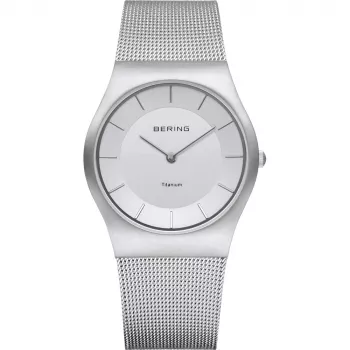Relógio de quartzo clássico de mulher BERING 35mm mesh em aço inoxidável mostrador branco 11935-000