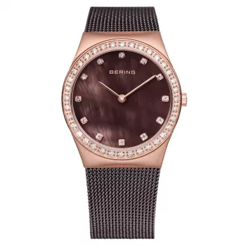 Relógio de mulher BERING 12430-262 30 mm rosa-ouro aço inoxidável malha mostrador raios de sol castanho