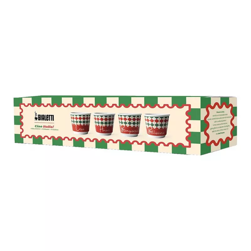 Bialetti Conjunto de 4 Copos de Espresso Tricolore, 80 ml, Vidro, Cores da Bandeira Italiana, Lavável na Máquina