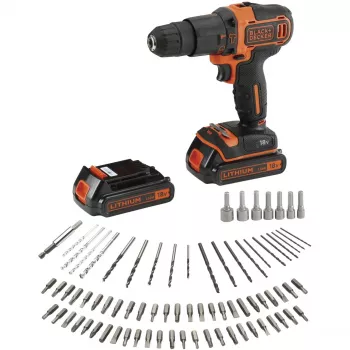 BLACK+DECKER Berbequim de impacto sem fio 18V BDCHD18BAFC, preto/laranja, 2 baterias de iões de lítio 1,5 Ah, conjunto de 80 acessórios, mala