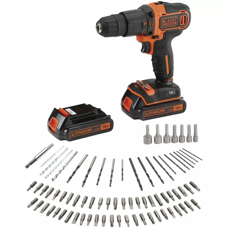 BLACK+DECKER Berbequim de impacto sem fio 18V BDCHD18BAFC, preto/laranja, 2 baterias de iões de lítio 1,5 Ah, conjunto de 80 acessórios, mala