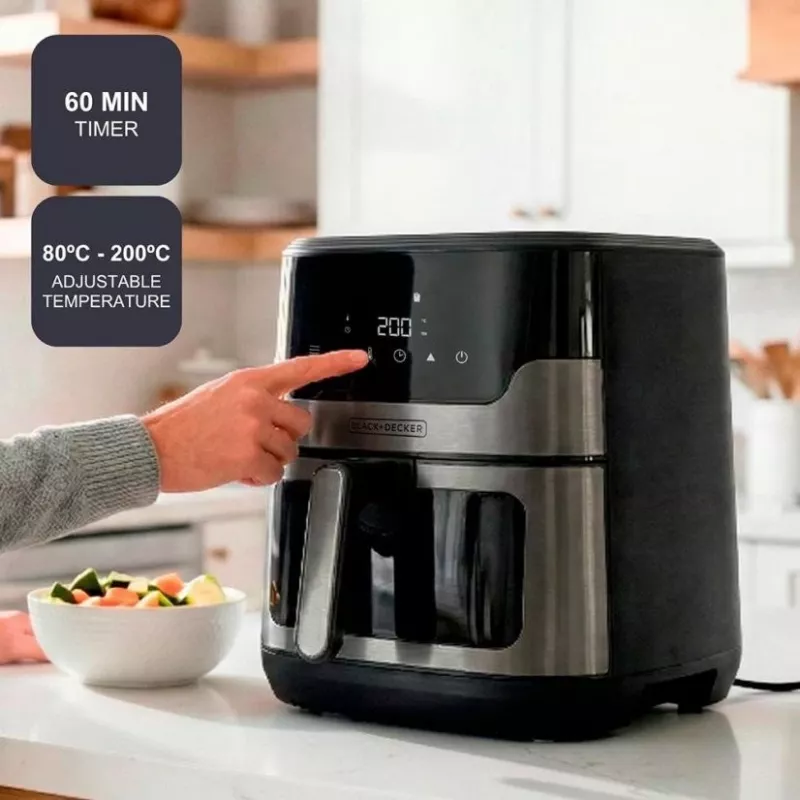 Fritadeira de ar quente digital BLACK+DECKER BXAF8001E 8L, 1700W, 8 programas, cesto antiaderente, Preto