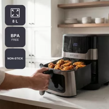 Fritadeira de ar quente digital BLACK+DECKER BXAF8001E 8L, 1700W, 8 programas, cesto antiaderente, Preto