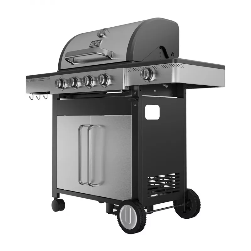 Grelhador a gás Black+Decker BXOG16550E, 4 queimadores com queimador lateral, 16,5 kW, preto e aço inoxidável