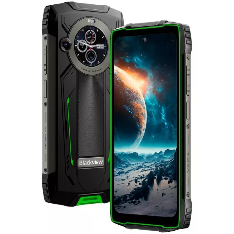Blackview BV8200 Smartphone robusto 4G LTE 6.5 polegadas FHD+ 120Hz, ecrã secundário 1.3 polegadas, 12GB RAM, 256GB armazenamento, bateria 8800mAh, câmaras traseiras 50MP+13MP, câmara frontal 32MP, IP68/IP69K/MIL-STD-810H, NFC, impressão digital, Verde