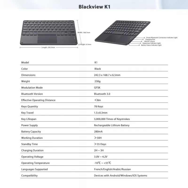 Teclado Bluetooth Blackview K1 sem fios ultra-slim 10 polegadas – bateria 280mAh, Bluetooth 3.0, compatível com Windows / Android / iOS, cinzento preto