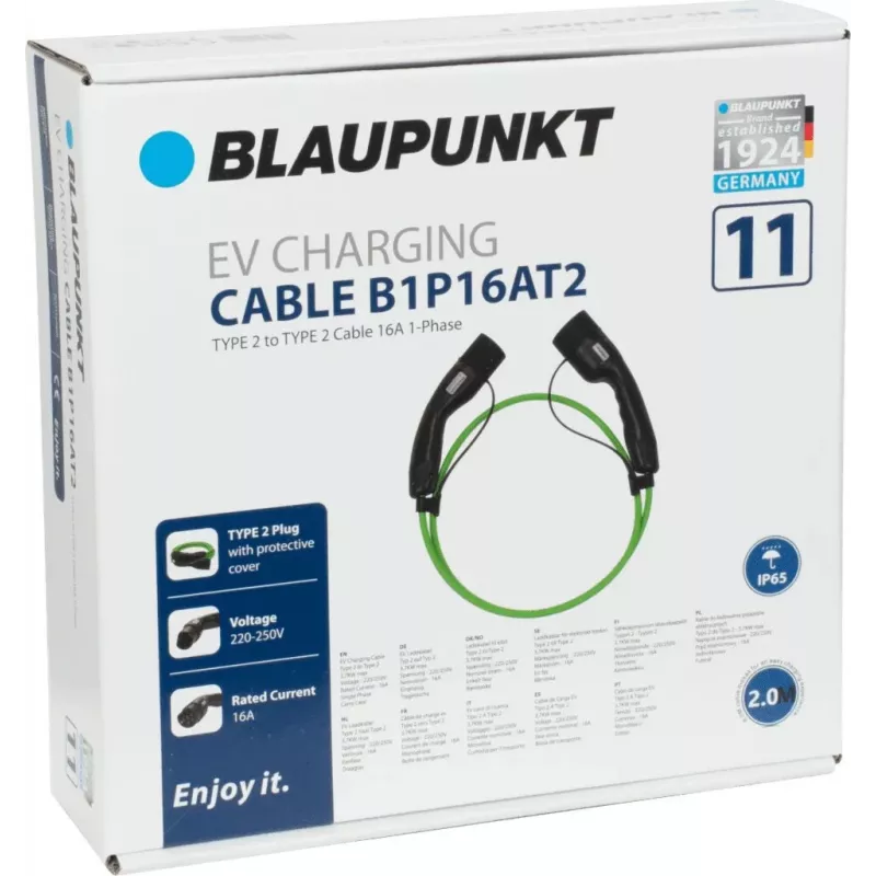 Cabo de carregamento EV Blaupunkt Type 2 para Type 2 2m 16A monofásico (B1P16AT2 - 100397)