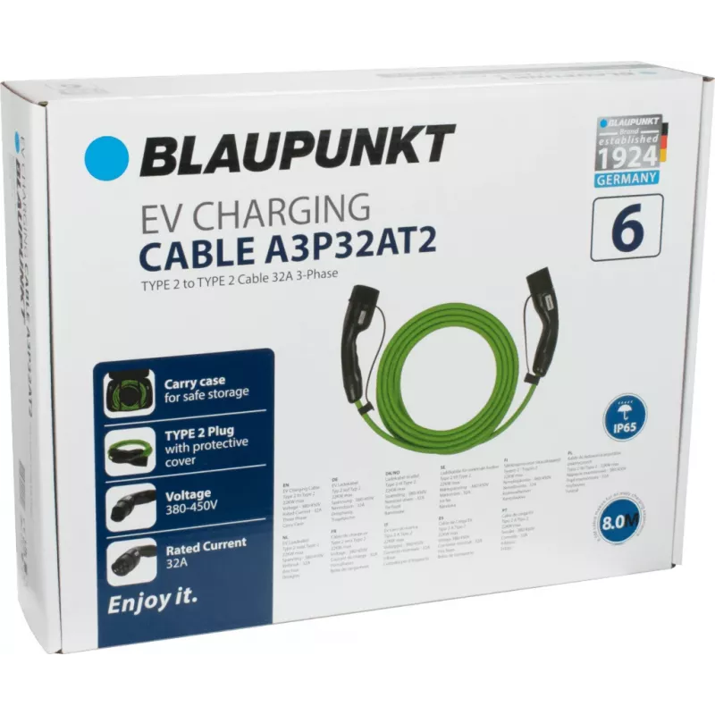 Blaupunkt cabo de carregamento EV Type 2 para Type 2 8m 32A 3 fases 22kW (A3P32AT2)