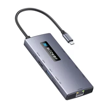 Adaptador hub USB-C BlitzWolf BW-NEW TH8 10 em 1 com HDMI 4K, 3x USB 3.0, 2x USB 2.0, Gigabit Ethernet, 100W PD, leitor de cartões SD/TF, Space Gray