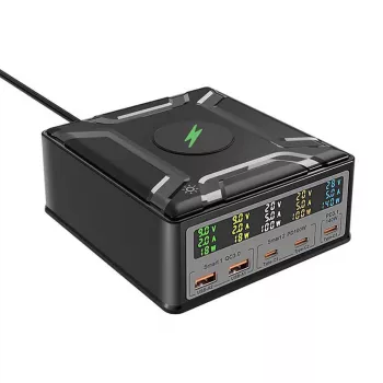 Carregador GaN USB-C BlitzWolf BW-S28 260W, 2x USB-A, 3x USB-C, carregador sem fios 15W, preto