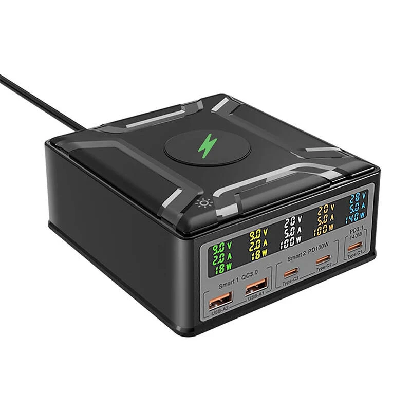 Carregador GaN USB-C BlitzWolf BW-S28 260W, 2x USB-A, 3x USB-C, carregador sem fios 15W, preto