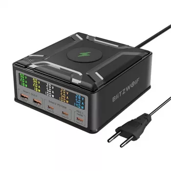 Carregador GaN USB-C BlitzWolf BW-S28 260W, 2x USB-A, 3x USB-C, carregador sem fios 15W, preto
