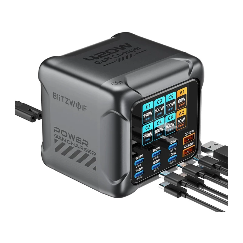 Blitzwolf BW-S33 Carregador USB-A de 8 portas 420W, preto