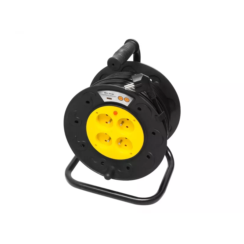 BLO PR-61 Extensão elétrica 30m com 4 tomadas Schuko, proteção térmica, cabo 3x1,5mm² H05VV-F, IP20, 16A/230V, máx. 3680W desenrolado