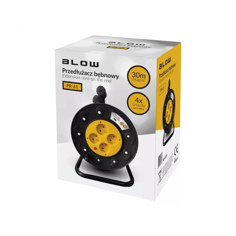 BLO PR-61 Extensão elétrica 30m com 4 tomadas Schuko, proteção térmica, cabo 3x1,5mm² H05VV-F, IP20, 16A/230V, máx. 3680W desenrolado