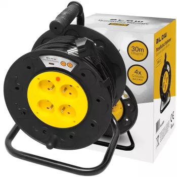 BLO PR-61 Extensão elétrica 30m com 4 tomadas Schuko, proteção térmica, cabo 3x1,5mm² H05VV-F, IP20, 16A/230V, máx. 3680W desenrolado