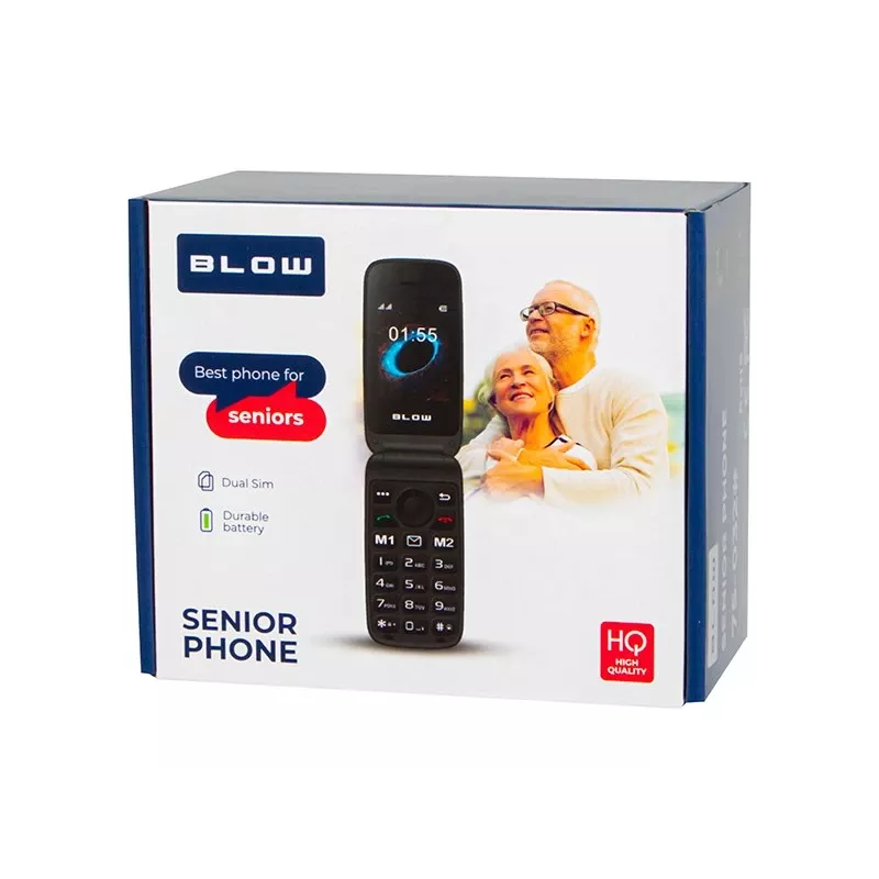 Telemóvel dobrável para seniores BLOW S24 preto com botão SOS, teclas grandes, dual-SIM, câmara, rádio FM, lanterna, base de carregamento