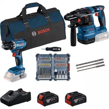 Bosch 18V Professional Conjunto Martelo perfurador GBH 18V-22 + Berbequim aparafusador GSR 18V-45 - (azul/preto, 2x bateria Li-Ion 4.0Ah, broca para martelo e conjunto de pontas, bolsa de ferramentas) (0615V0003D)