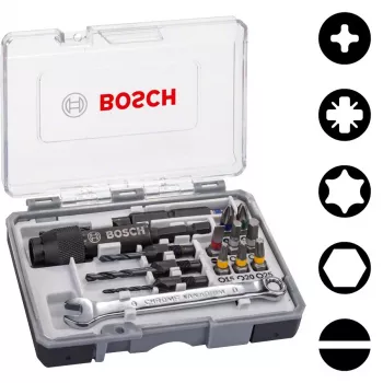 Conjunto de 20 bits de aparafusar Bosch 2607002786 com suporte universal magnético, bits de 25 mm em aço S2 para Phillips, Pozidriv, fenda, Torx, hex