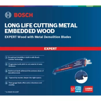 Lâmina de serra sabre Bosch Expert S 967 XHM – madeira com metal demolição, 150mm, 10 unid.