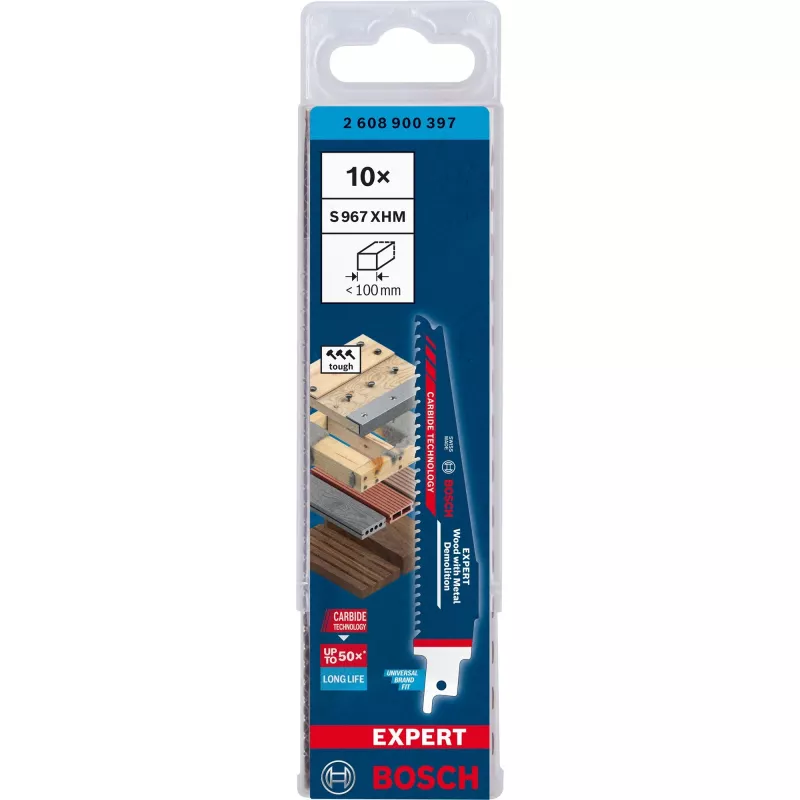 Lâmina de serra sabre Bosch Expert S 967 XHM – madeira com metal demolição, 150mm, 10 unid.