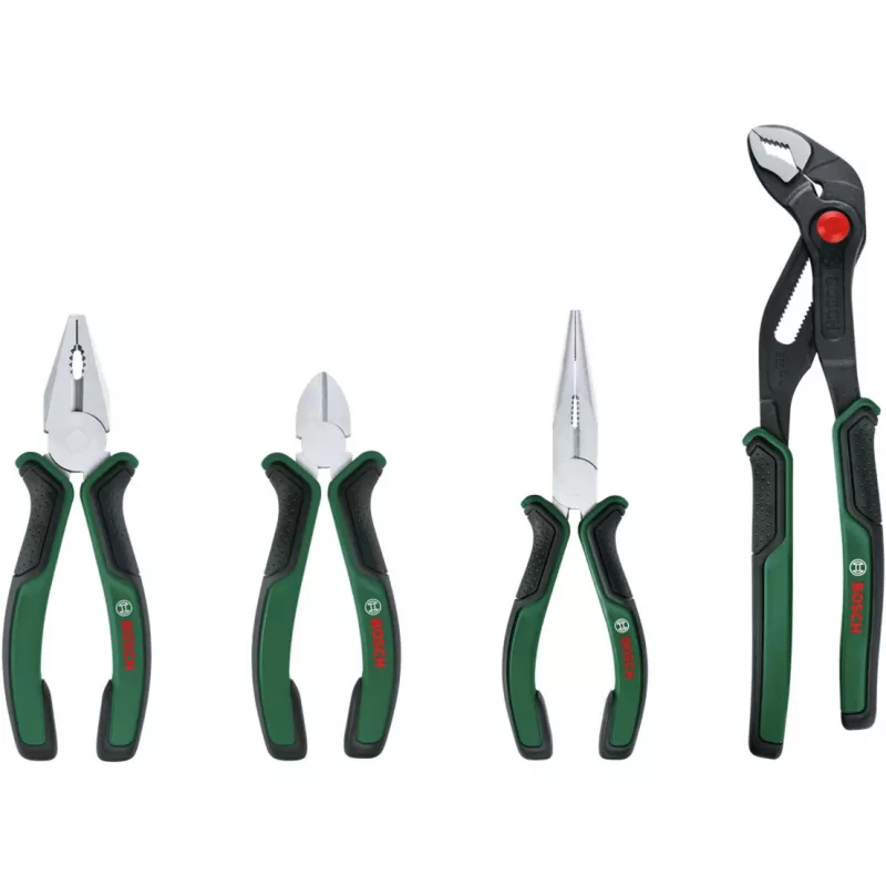 Conjunto de 4 alicates Bosch Powertools 1600A02W7K com alicate universal, alicate de corte lateral, alicate de bico e alicate de bomba de água, Verde/Preto