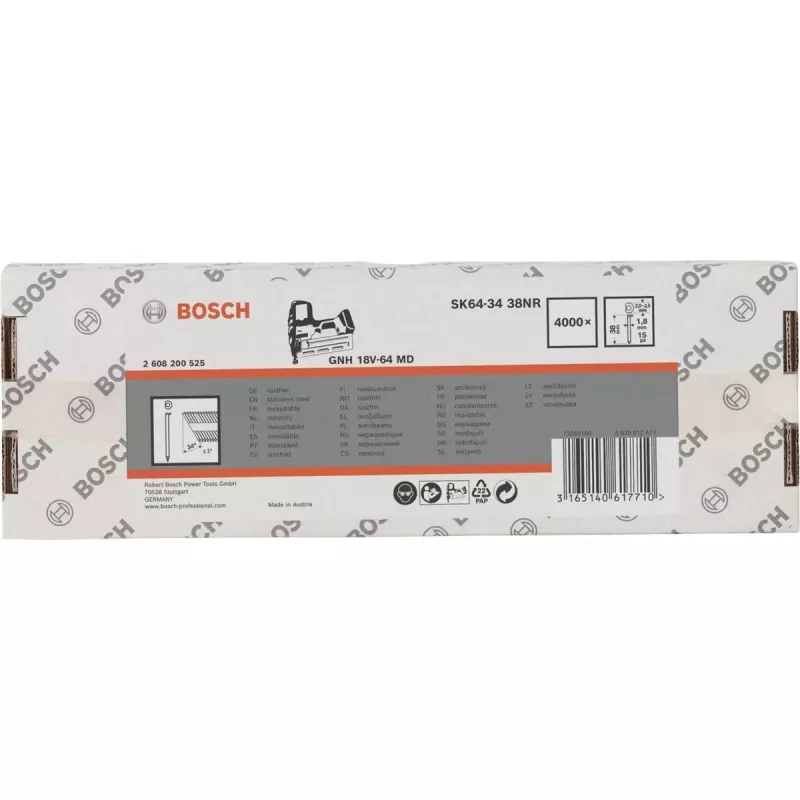 BOSCH POWERTOOLS Pregos de Acabamento de Cabeça Escareada SK64-34 38NR, 34° / 1,8 mm / 15 ga (Aço Inoxidável, 4000 Unid.)