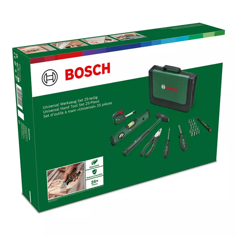 Conjunto de ferramentas manuais universais BOSCH Powertools, 25 peças (verde, com bolsa de ferramentas)