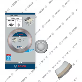 Bosch PRO disco de corte diamantado para cerâmica, 250 mm de diâmetro, furo de 30 mm (com anel redutor de 25,4 mm), bordo contínuo, corte húmido/seco