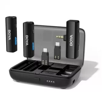BOYA BOYALINK-TX sistema de microfone sem fios, 2,4 GHz, 1 recetor e 2 emissores, autonomia de bateria ultralonga, preto