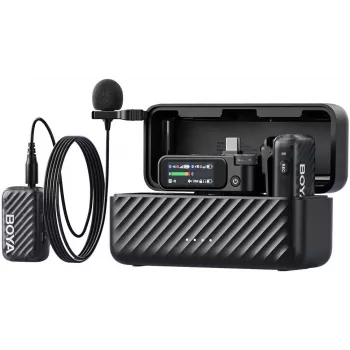 BOYA BOYAMIC 2-01 Sistema de microfone sem fios e com fios 2,4 GHz, redução de ruído com IA com 2 recetores e 1 transmissor (USB-C) preto