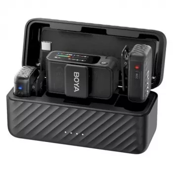 Sistema de microfone sem fios BOYA BOYAMIC 2-02 2,4 GHz, redução de ruído com IA, 2 recetores + 1 transmissor (USB-C) preto