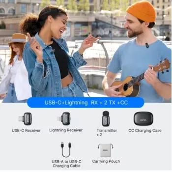Sistema de microfone sem fios BOYA Mini 2-01 2,4 GHz com 2 transmissores e 2 recetores (USB-C e Lightning) preto