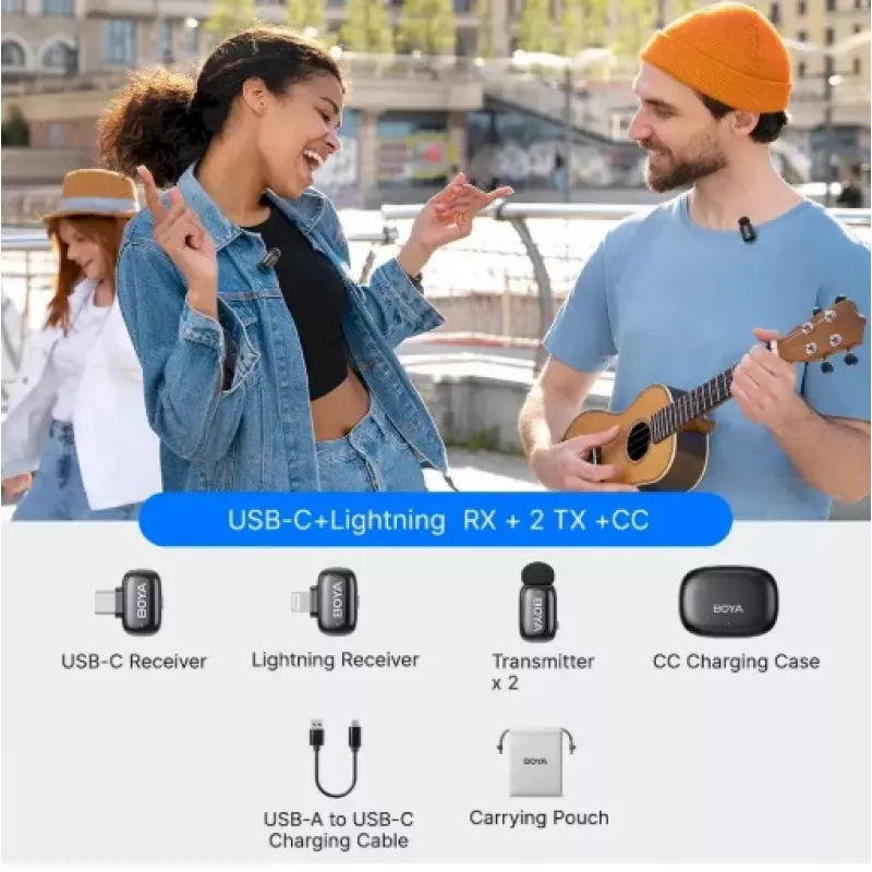 Sistema de microfone sem fios BOYA Mini 2-01 2,4 GHz com 2 transmissores e 2 recetores (USB-C e Lightning) preto