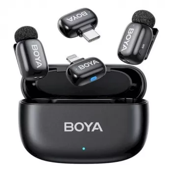 Sistema de microfone sem fios BOYA Mini 2-01 2,4 GHz com 2 transmissores e 2 recetores (USB-C e Lightning) preto