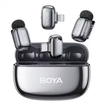 BOYA Mini 2-01 sistema de microfone sem fios com cancelamento de ruído por IA, 2 emissores e 2 recetores (USB-C e Lightning), Space Gray