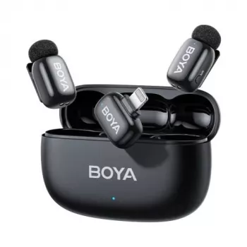 BOYA Mini 2-03 Sistema de microfone sem fios 2,4 GHz, supressão de ruído por IA, 2 transmissores + 1 recetor Lightning, preto