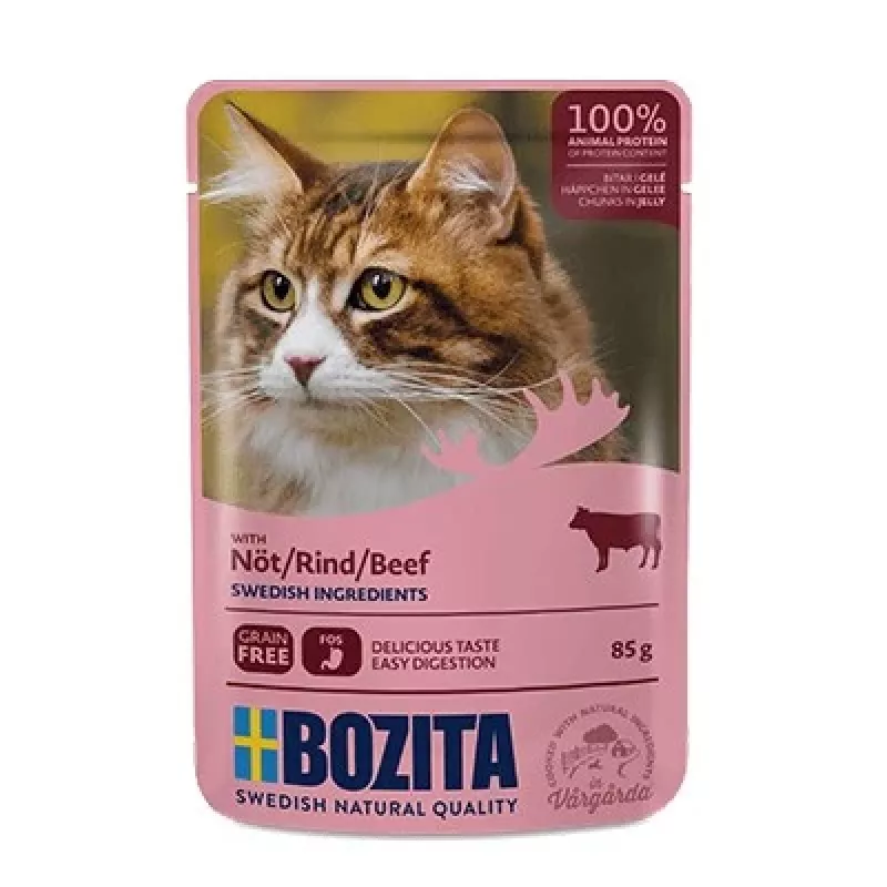 Bozita Pedaços de carne de vaca em geleia Alimento húmido para gatos 85g