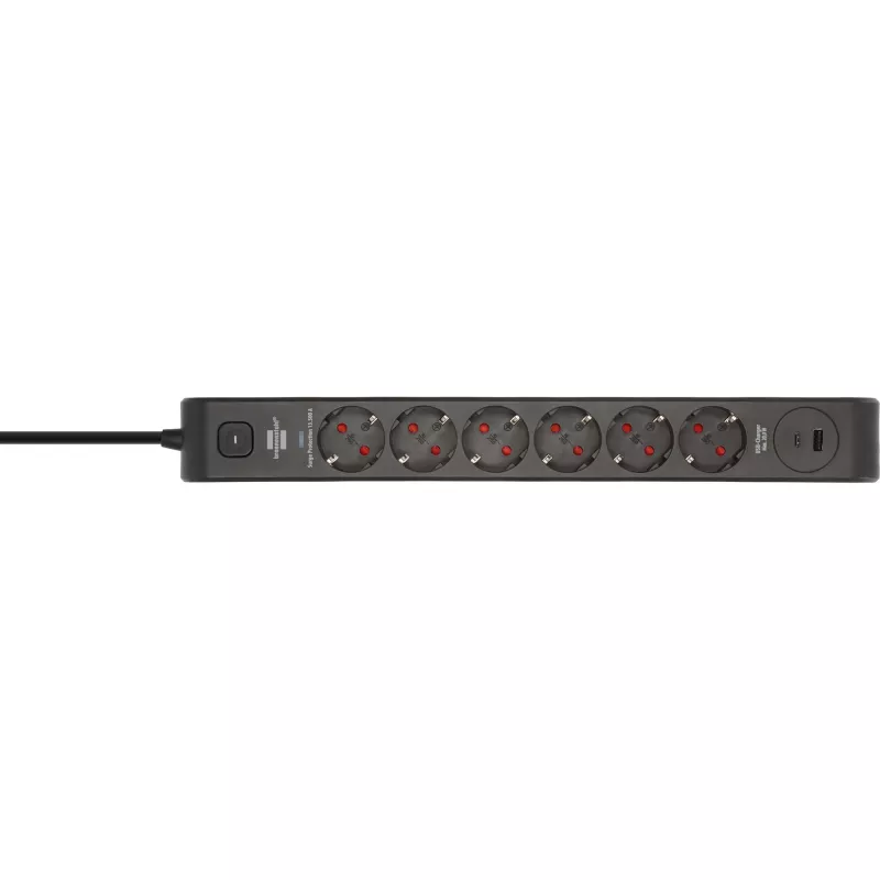 BRENNENSTUHL régua de tomadas 6 tomadas com 1x USB-C, 1x USB-A, proteção contra sobretensão 13.500 A, cabo de 2 m, preto/antracite