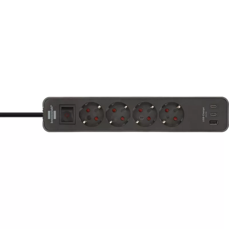 Brennenstuhl Ecolor Régua de tomadas 4 tomadas com 2x USB-C, 1x USB-A, cabo de 1,5m, interruptor de segurança, preto/antracite