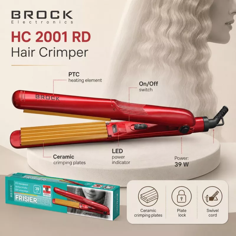 Crimper de cabelo em cerâmica Brock HC 2001 RD, 25 W, vermelho