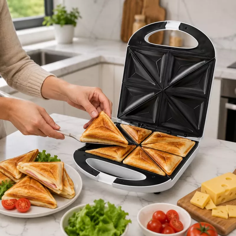 Sanduicheira Brock SSM 3008 WH XXL para 8 fatias, 1400W, placas triangulares antiaderentes, puxador frio, fecho de segurança, armazenamento vertical, branca