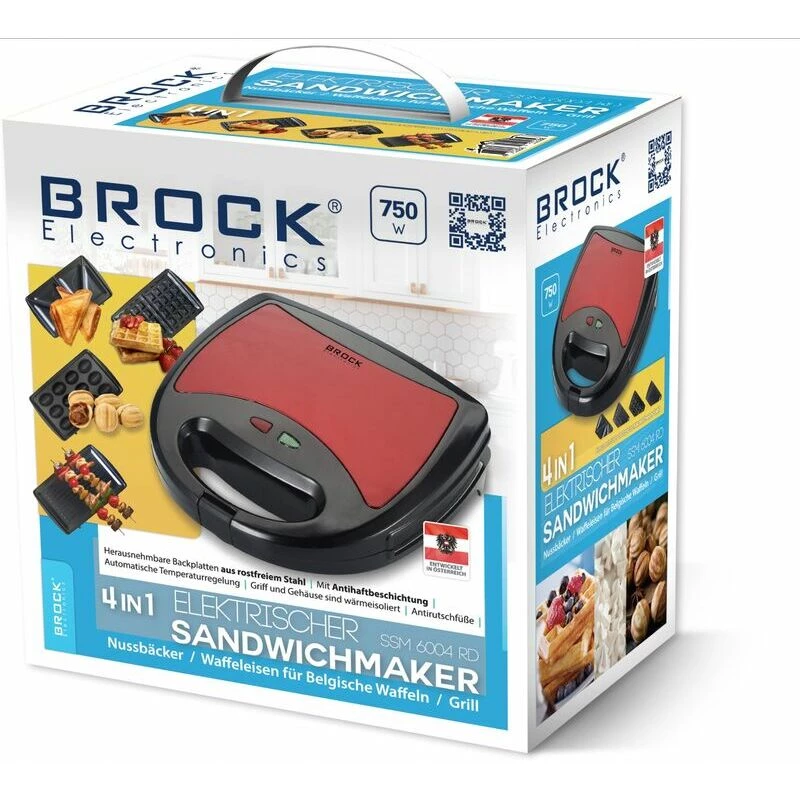 Máquina 4 em 1 Brock SSM 6004 RD sanduicheira/máquina de frutos secos/gofreiras e grelhador 750 W, vermelha